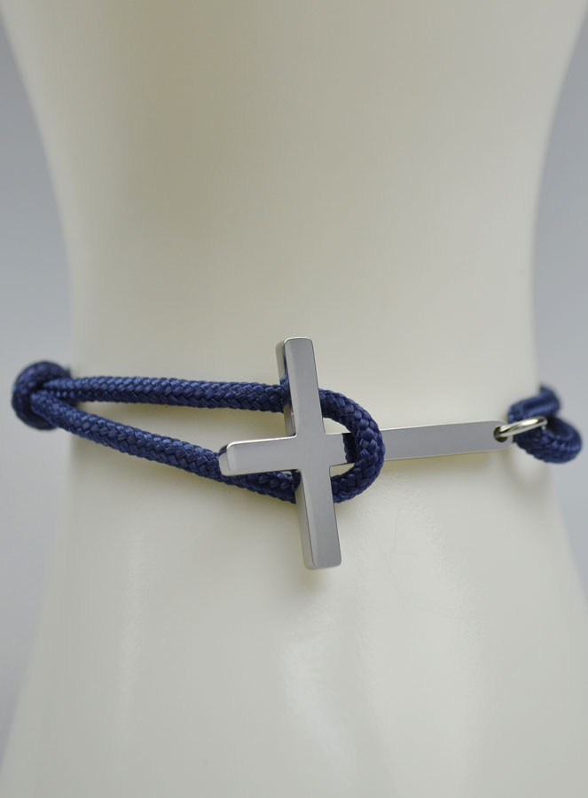 Bracelet avec Croix Argentée sur Cordon Marine - Taille Femme (pic 4)