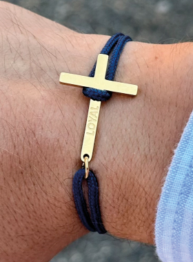 Bracelet avec Croix Dorée sur Cordon Marine - Taille Femme (pic 1)