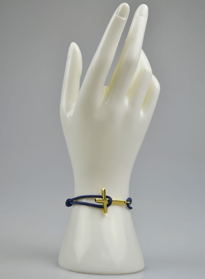 Bracelet avec Croix Dorée sur Cordon Marine - Taille Femme (pic 2)