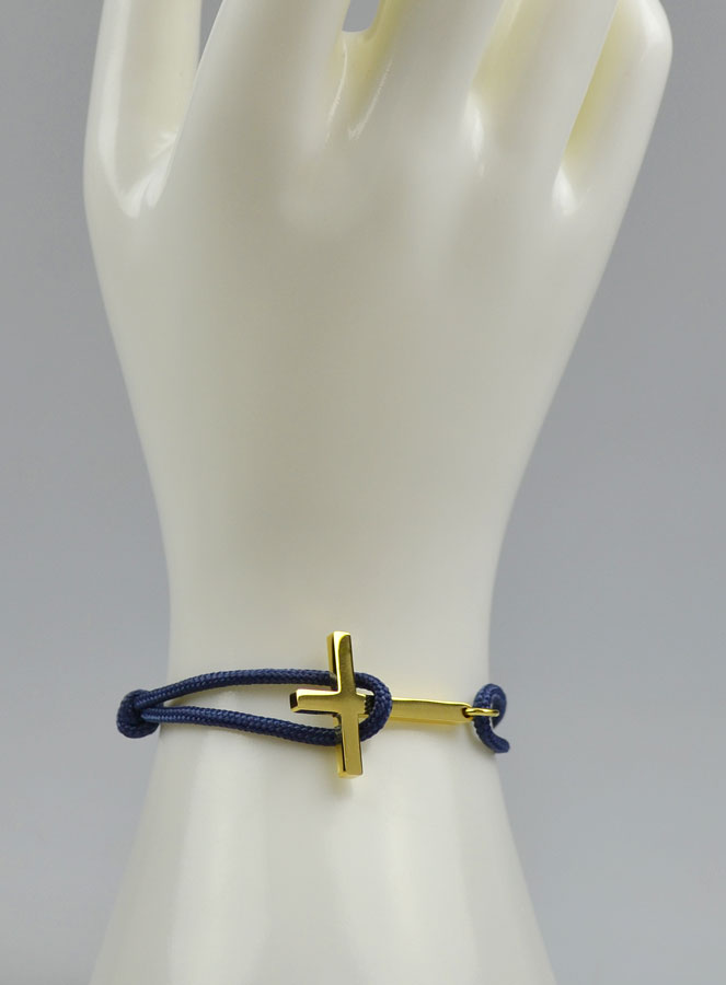 Bracelet avec Croix Dorée sur Cordon Marine - Taille Femme (pic 3)