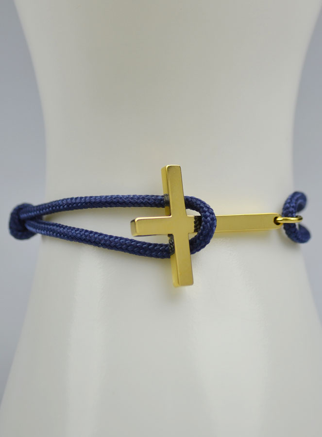 Bracelet avec Croix Dorée sur Cordon Marine - Taille Femme (pic 4)