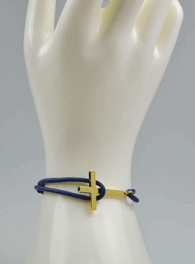 Bracelet avec Croix Dorée sur Cordon Marine - Taille Homme (pic 3)