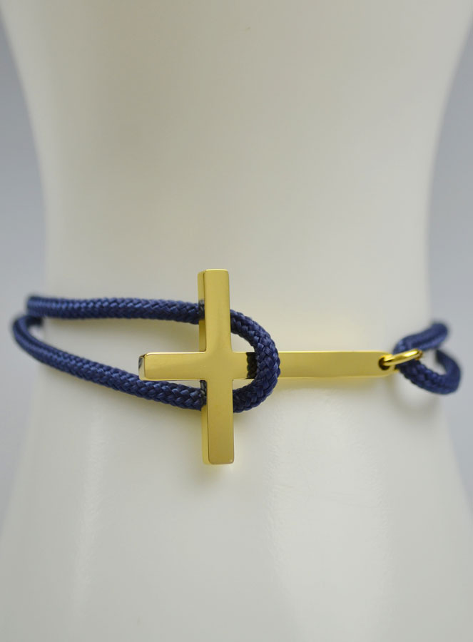 Bracelet avec Croix Dorée sur Cordon Marine - Taille Homme (pic 4)