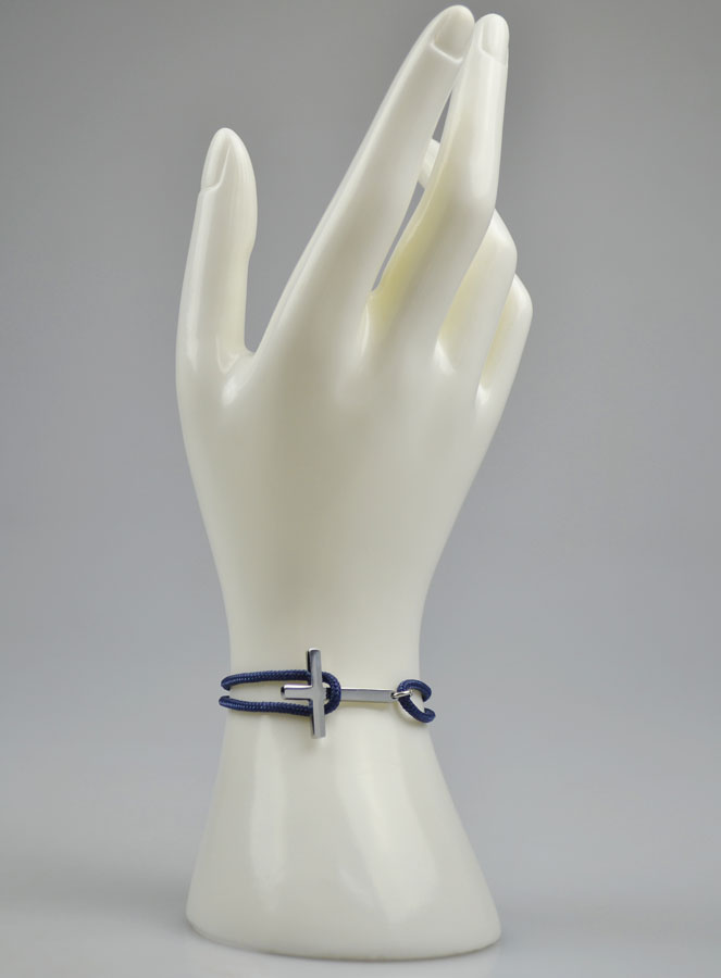 Bracelet avec Croix Argentée sur Cordon Marine - Taille Homme (pic 2)