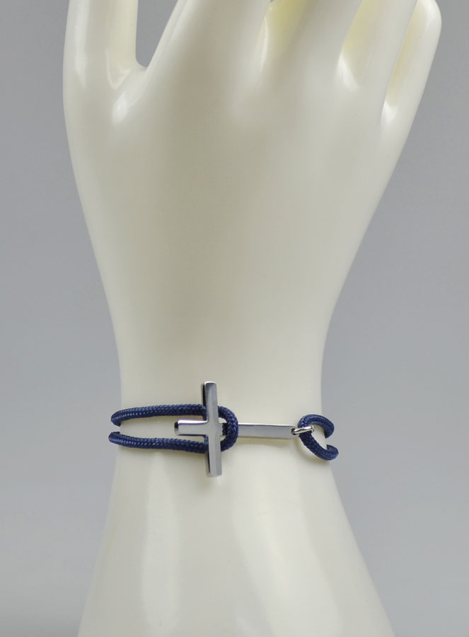 Bracelet avec Croix Argentée sur Cordon Marine - Taille Homme (pic 3)