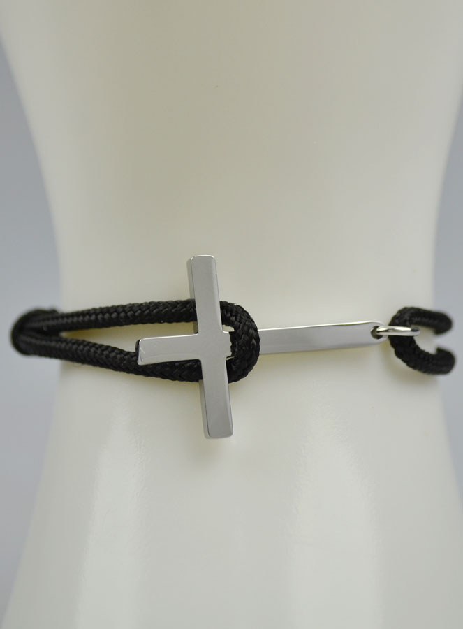 Bracelet avec Croix Argentée sur Cordon Noir - Taille Femme (pic 4)