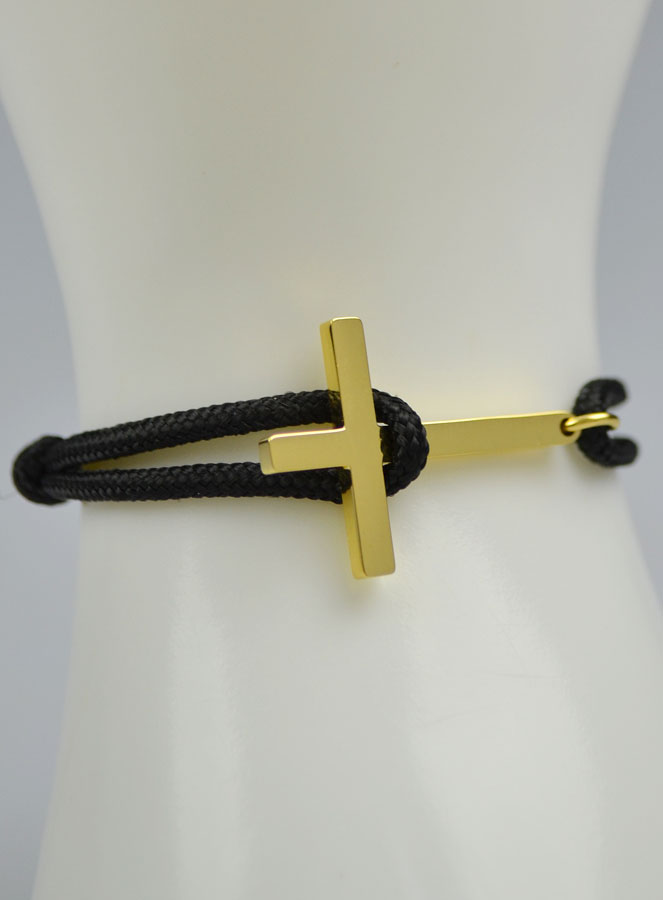 Bracelet avec Croix Dorée sur Cordon Noir - Taille Femme (pic 4)
