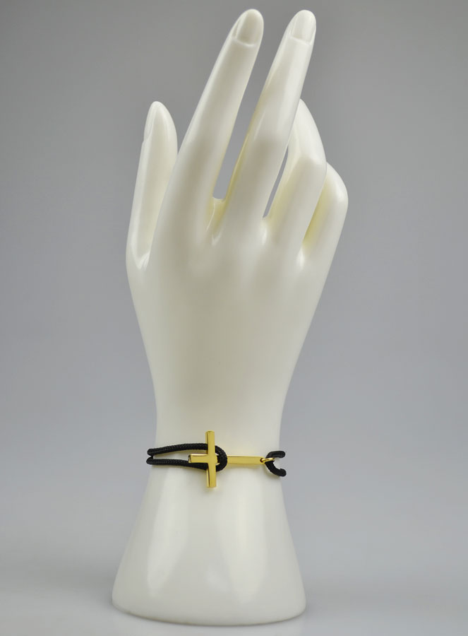 Bracelet avec Croix Dorée sur Cordon Noir - Taille Homme (pic 2)
