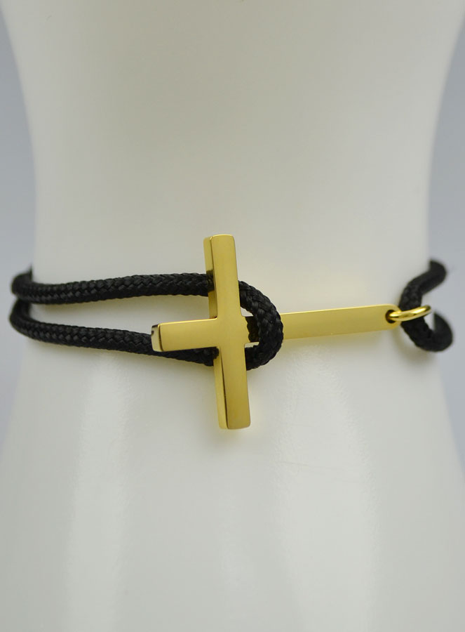 Bracelet avec Croix Dorée sur Cordon Noir - Taille Homme (pic 4)