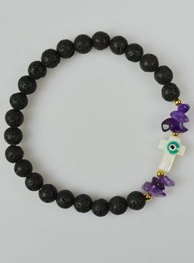 Bracelet Croix en Pierre de Lave Verte & Améthyste (pic 1)