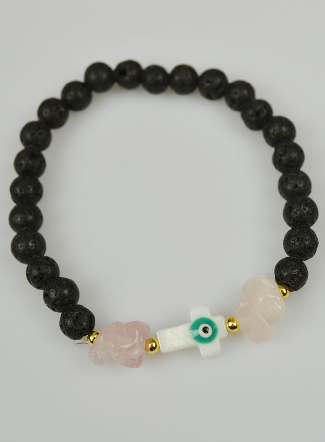 Bracelet Croix en Pierre de Lave Verte & Quartz Rose (pic 3)