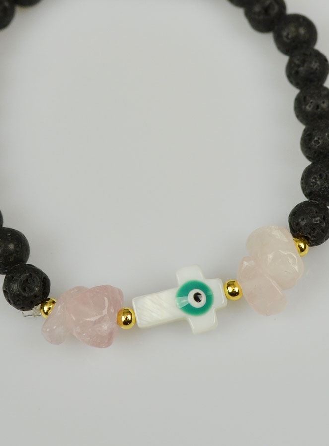 Bracelet Croix en Pierre de Lave Verte & Quartz Rose (pic 4)