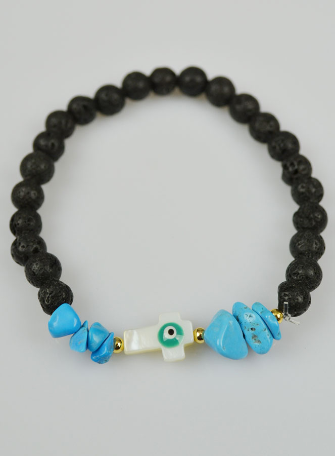 Bracelet Croix en Pierre de Lave Verte & Turquoise (pic 3)