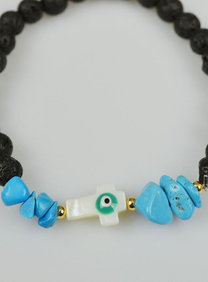 Bracelet Croix en Pierre de Lave Verte & Turquoise (pic 4)