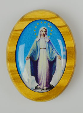 Plaque Auto Sainte Vierge Miraculeuse en Bois d'Olivier 4cm (pic 1)