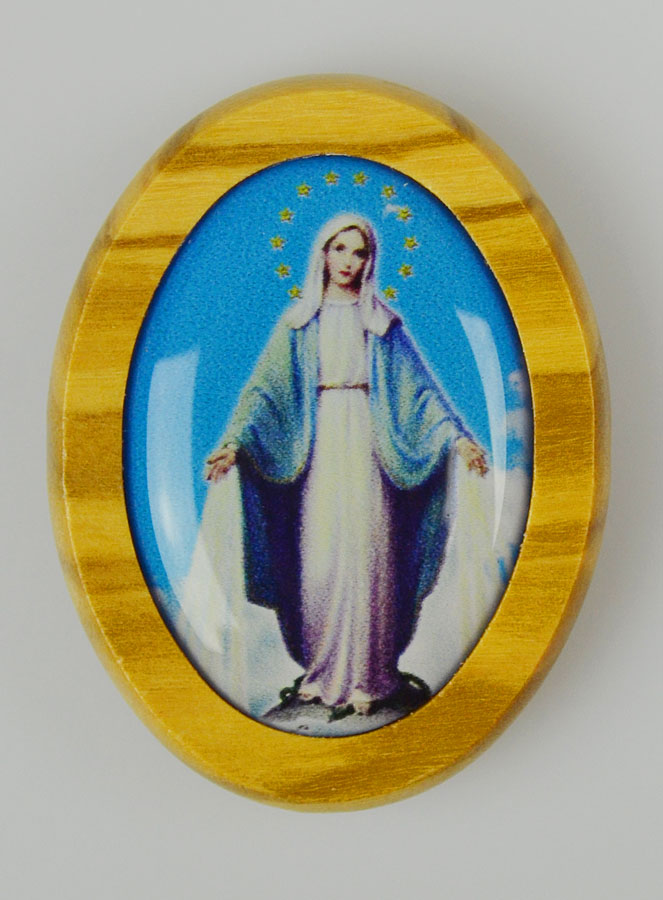 Plaque Auto Sainte Vierge Miraculeuse en Bois d'Olivier 4cm (pic 2)
