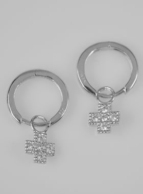 Boucles d'Oreilles Créoles Croix Argent & Diamants (pic 1)
