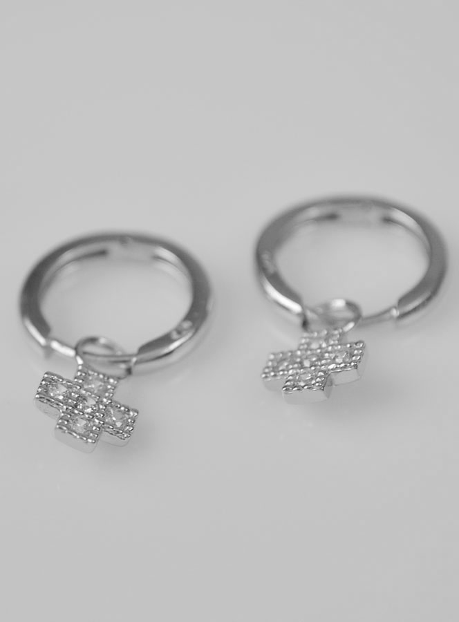 Boucles d'Oreilles Créoles Croix Argent & Diamants (pic 3)