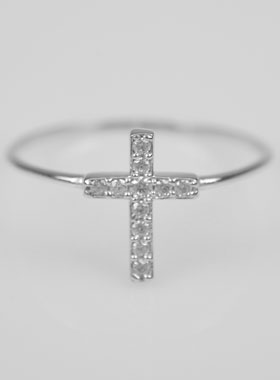 Bague Croix & Diamants - Argent Rhodié - Taille 58 (pic 1)