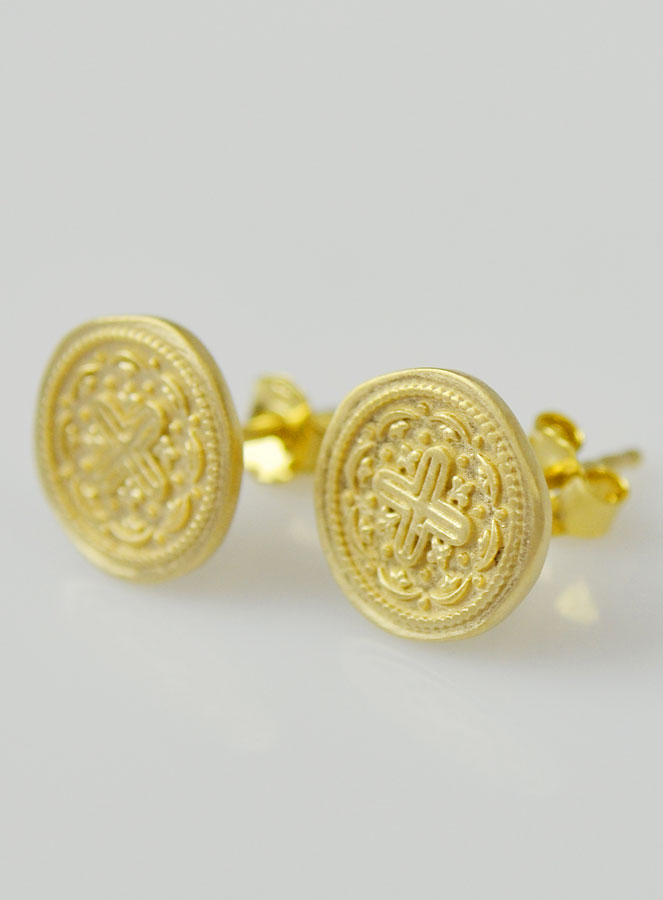 Boucles d'Oreilles Puces Croix Gothique Plaqué Or (pic 3)