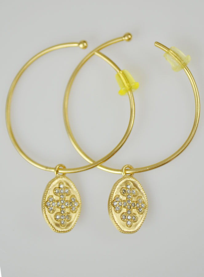 Boucles d'Oreilles Créoles Croix de Diamants & Plaqué Or (pic 2)