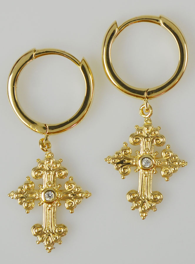 Boucles d'Oreilles Créoles Croix Orthodoxe 1 Diamants & Plaqué Or (pic 2)