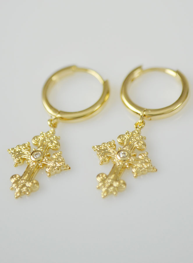 Boucles d'Oreilles Créoles Croix Orthodoxe 1 Diamants & Plaqué Or (pic 3)