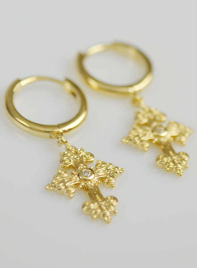Boucles d'Oreilles Créoles Croix Orthodoxe 1 Diamants & Plaqué Or (pic 4)