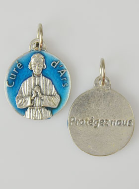 Médaille Saint Curé d'Ars Argentée & Émail Bleu - 18 mm (pic 1)