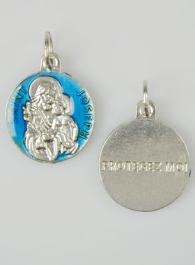 Médaille Saint Joseph Argentée & Émail Bleu - 18 mm (pic 1)