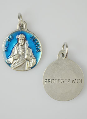 Médaille Coeur Sacré de Jésus Argentée & Émail Bleu - 18 mm (pic 1)