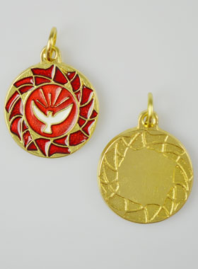Médaille Colombe du Saint Esprit Dorée & Émail Rouge - 2cm (pic 1)
