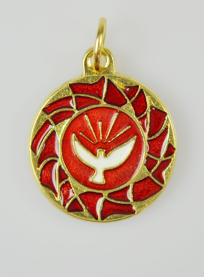 Médaille Colombe du Saint Esprit Dorée & Émail Rouge - 2cm (pic 3)
