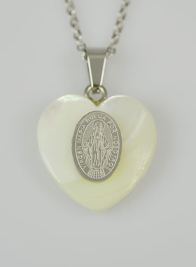 Collier Religieux Coeur de Nacre & Miraculeuse - Argent (pic 1)