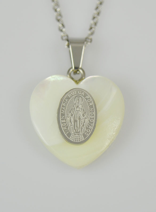 Collier Religieux Coeur de Nacre & Miraculeuse - Argent (pic 2)
