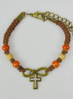 Bracelet Religieux avec Croix - Cuir & Bois Orange (pic 1)
