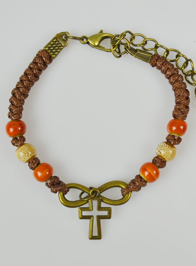 Bracelet Religieux avec Croix - Cuir & Bois Orange (pic 2)