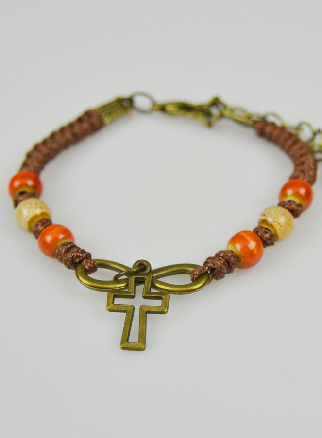 Bracelet Religieux avec Croix - Cuir & Bois Orange (pic 3)