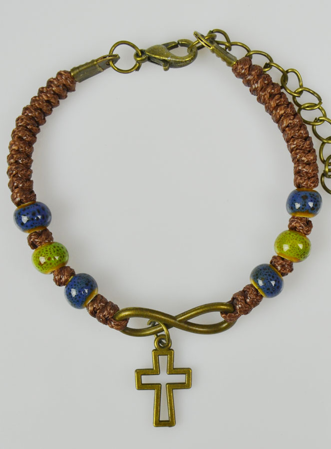 Bracelet Religieux avec Croix - Cuir & Bois Bleu (pic 2)