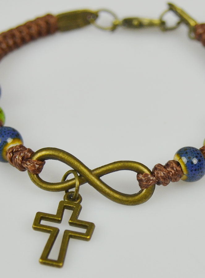 Bracelet Religieux avec Croix - Cuir & Bois Bleu (pic 4)