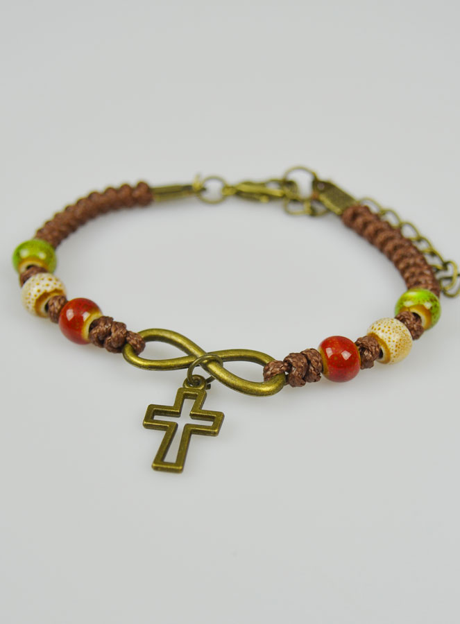 Bracelet Religieux avec Croix - Cuir & Bois Multicolore (pic 3)