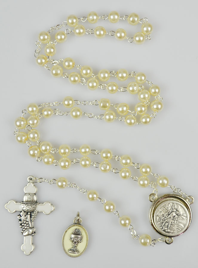 Chapelet en Perles - Communion + Médaille St Michel - Argenté (pic 2)