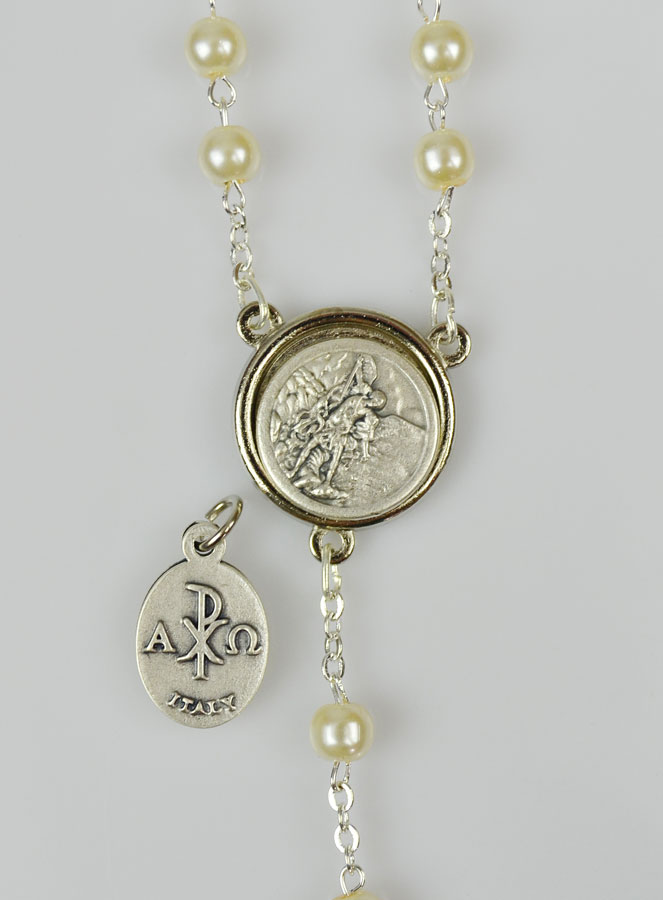 Chapelet en Perles - Communion + Médaille St Michel - Argenté (pic 4)