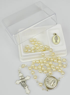 Coffret de Première Communion Chapelet + Médaille ND Lourdes - Argenté (pic 1)