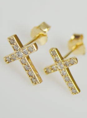Boucles d'Oreilles Plaqué Or - Croix & Diamants (pic 1)
