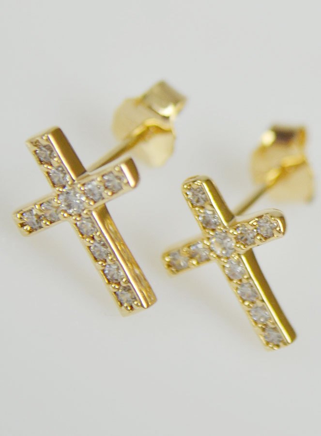 Boucles d'Oreilles Plaqué Or - Croix & Diamants (pic 2)