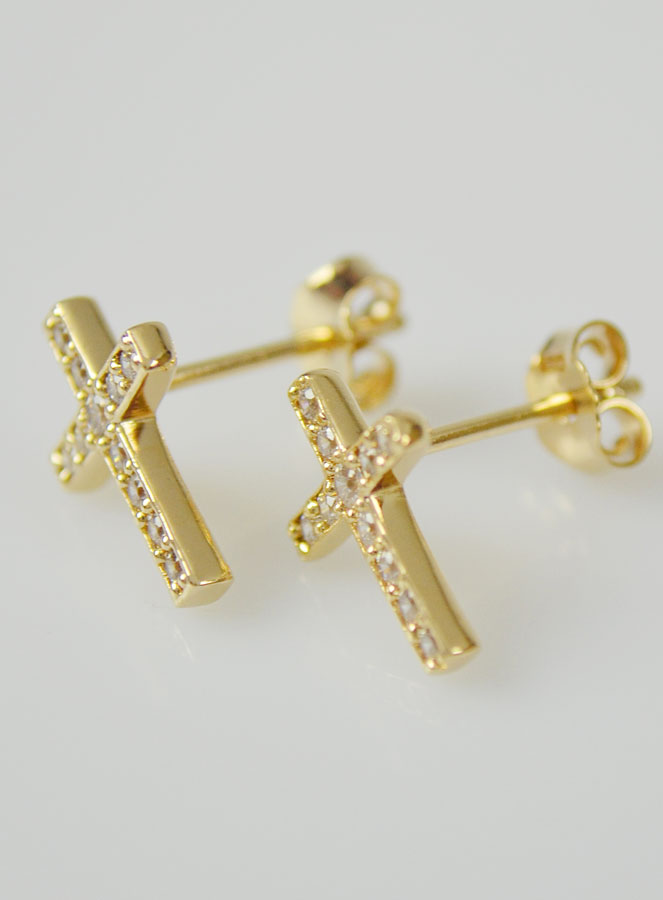 Boucles d'Oreilles Plaqué Or - Croix & Diamants (pic 3)