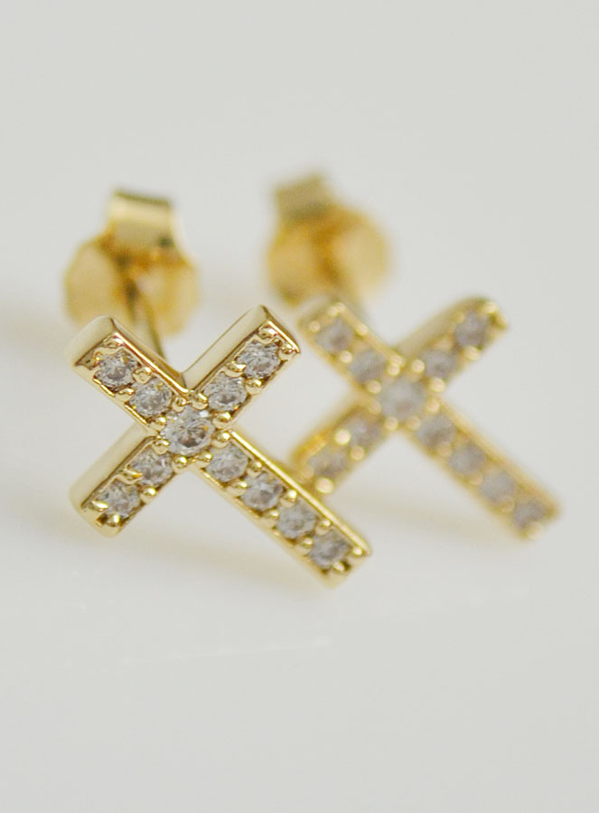 Boucles d'Oreilles Plaqué Or - Croix & Diamants (pic 4)