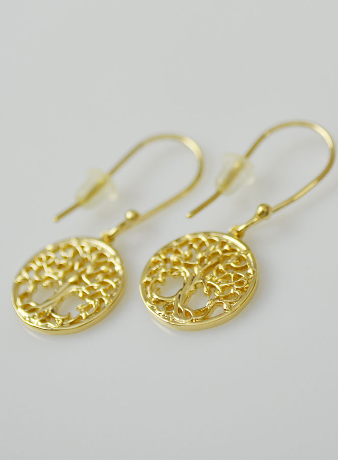 Boucles d'Oreilles Pendantes en Plaqué Or 18k - Arbre de Vie  Ajouré (pic 4)