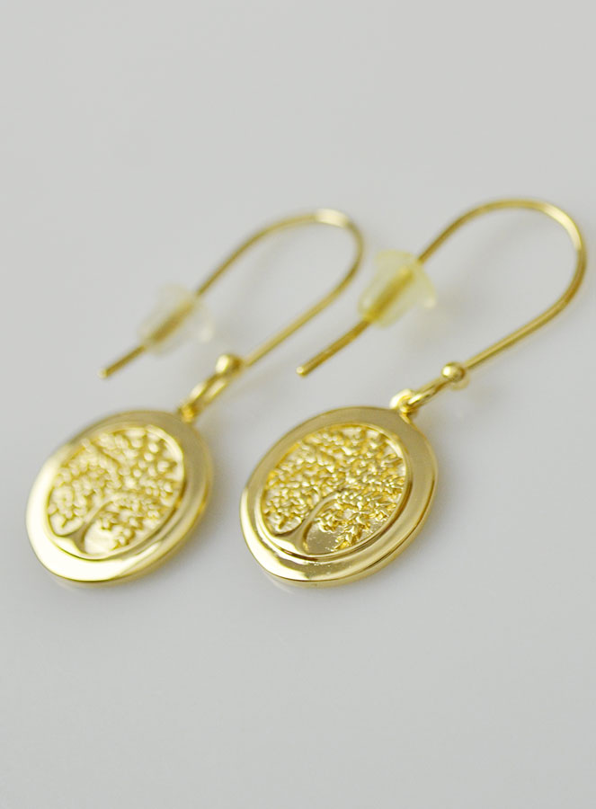 Boucles d'Oreilles Pendantes Arbre de Vie Gravé - Plaqué Or 18k (pic 4)